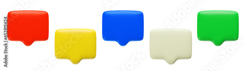 3d blank Speech Bubbles set. Three dimensional red, green, yellow, blue and white chat boxes with copy space for text. Vector objects isolated on white background.