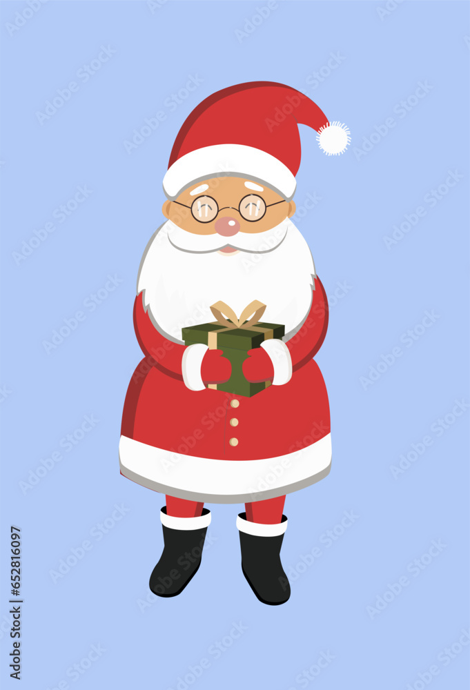 Christmas illustration on blue background. Postcard with Santa Claus. Cartoon Santa Claus. Keeps it as a gift. Give a box. Merry Christmas Christmas illustration on blue background. Postcard with Santa Claus. Cartoon Santa Claus. Keeps it as a gift. Give a box. Merry Christmas