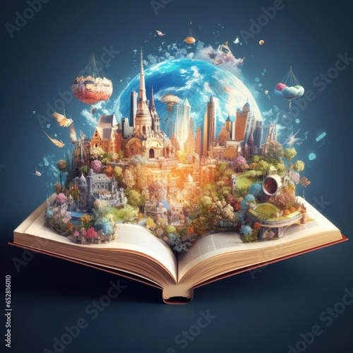 Open magic book concept, open pages with water and earth. Fantasy, nature or learning concept.