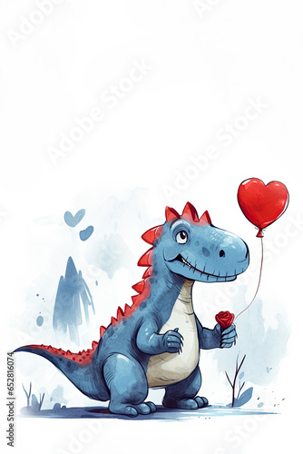 Dinosaur holding a heart on a white background and laughing. Valentines day concept