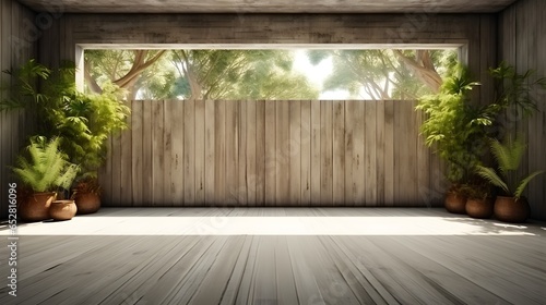 Empty old wood plank wall,There are concrete floor, Behide the backdrop is a tropical garden,sunlight shine into the room.