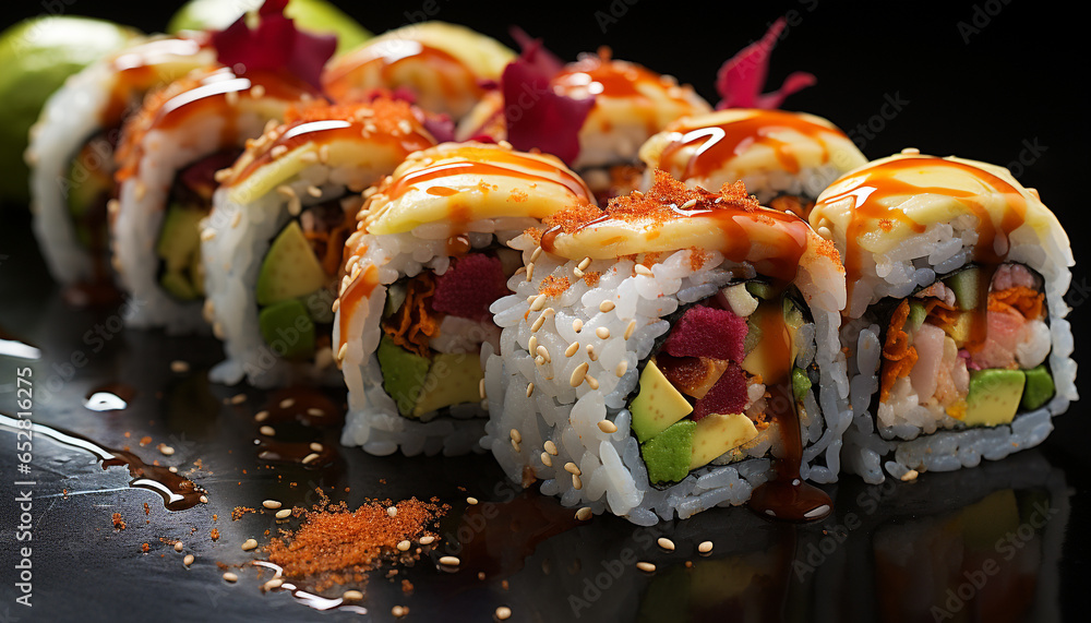 Freshness rolled up on a plate, maki sushi, healthy eating generated by AI Freshness rolled up on a plate, maki sushi, healthy eating generated by AI