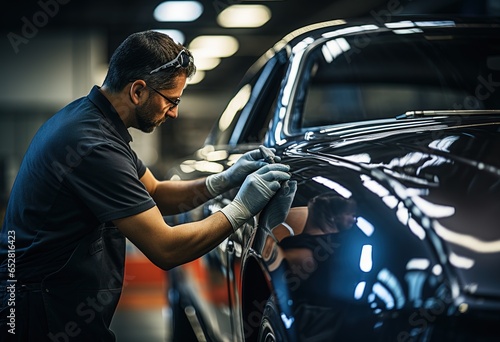 mechanic checking the safety of the car. Servicing damaged parts in the garage. Maintenance. Repair service concept. photo