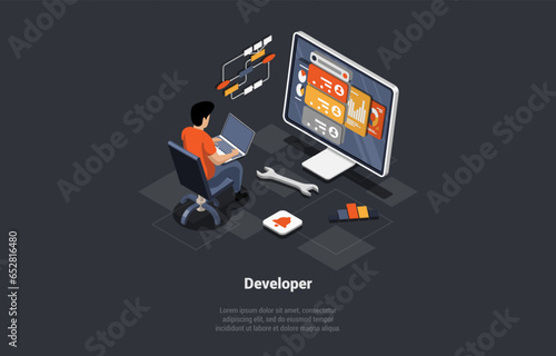 Software Development Coding Process. Programmer or Web Developer Writing New Code On Laptop. Screen With Code, Script and Open Windows. Coder Engineer At Workplace. Isometric 3d Vector Illustration
