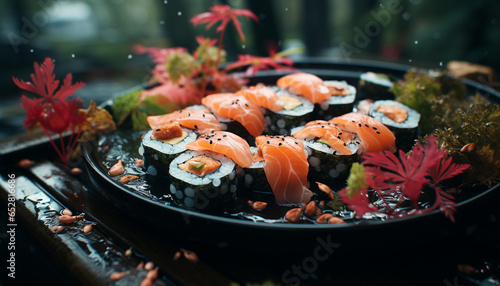 Freshness, fish, plate, lunch, sashimi, healthy eating, cultures, leaf, cooking, meat generated by AI