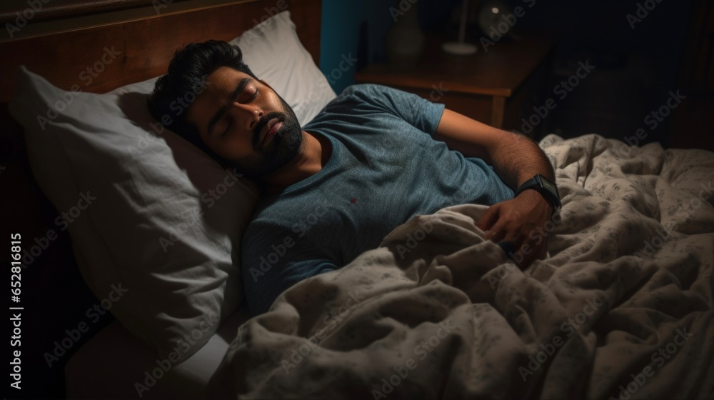Sleeping In Bed. Indian Man Sleeping Peacefully in His Bedroom During Night Time. Rest, Sleep and Relaxation Concept