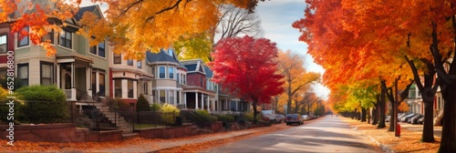 Rural Charm in the Heart of Somerville: Tree-Lined Street in Fall in Picturesque Massachusetts Neighborhood in Outskirts of Boston