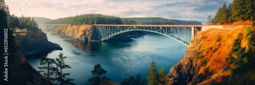 Scenic View of Deception Pass Bridge Connecting Anacortes Island with Whidbey Island over the Ocean in Washington State, Daylight Shot