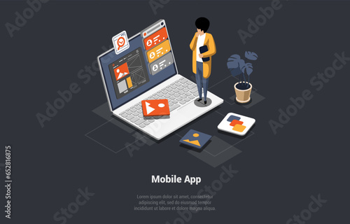 Process Of Mobile Application Development UX UI Design. Analysis Trends And Software Development Coding Process Concept. Programming, Testing Cross Platform Code. Isometric 3d Vector Illustration