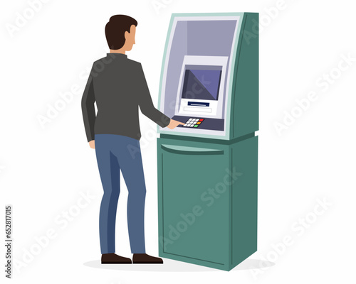 Man standing near atm machine and withdrawing cash money from atm vector illustration.
