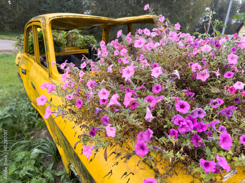 old yellow car with flowers outside