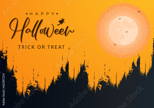 Happy halloween background illustration with grunge brush stroke and halloween text and a big full moon