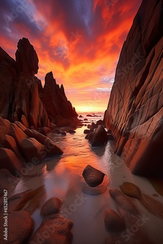 High Rocks near the Ocean during the Golden Hour. Red Sky.