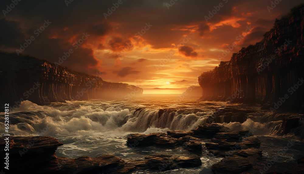 Tranquil scene sunset over water, nature beauty in a seascape generated by AI