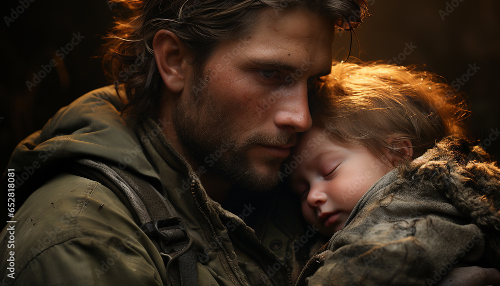 Fototapeta premium A loving father embraces his smiling child in the forest generated by AI
