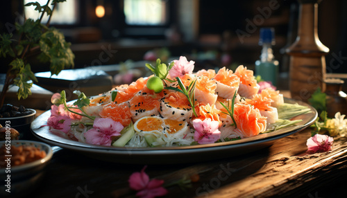 Freshness and gourmet on a plate, seafood and sashimi delight generated by AI