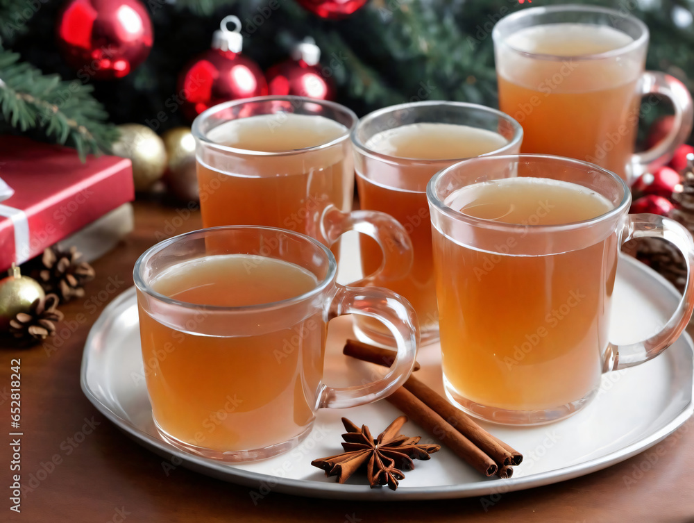 Three Glasses Of Apple Cid On A Plate With Cinnamons And Christmas Decorations Three Glasses Of Apple Cid On A Plate With Cinnamons And Christmas Decorations