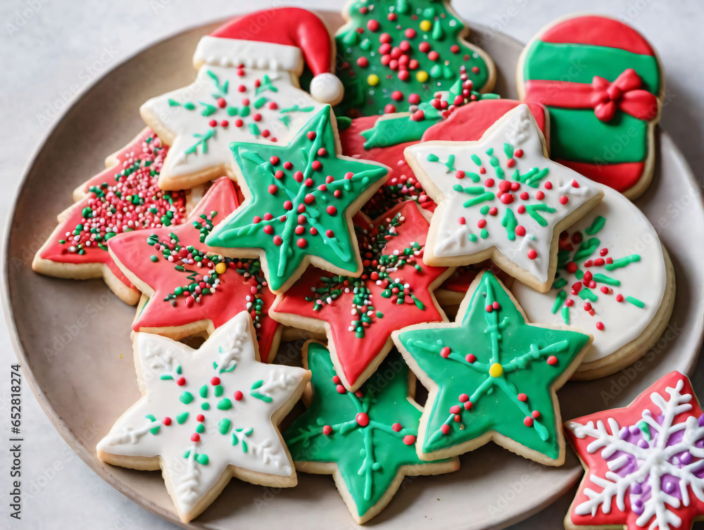 A Plate Of Decorated Christmas Cookies On A Table