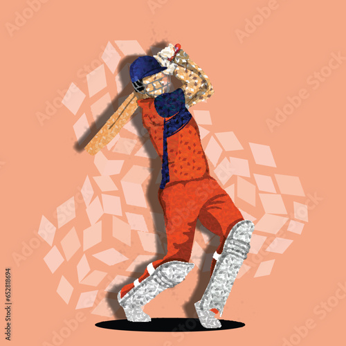 Illustration Of Netherlands Cricket Batter Player With Rhombus Pattern On Orange Background.