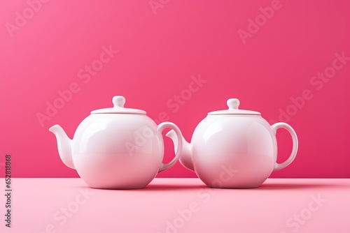 Two white porcelain teapots lying on a pink background.