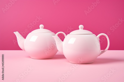 Two white porcelain teapots lying on a pink background. photo