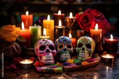 Traditional mexican Day of the dead altar with sugar skulls and candles