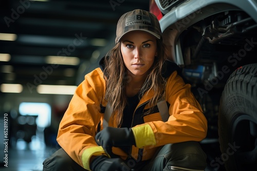 Portrait Shot of a Female Mechanic Working Under Vehicle in a Car Service.