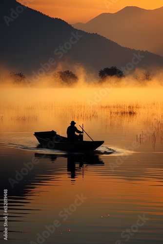 Old lonely boat on the river in the sunset fog 