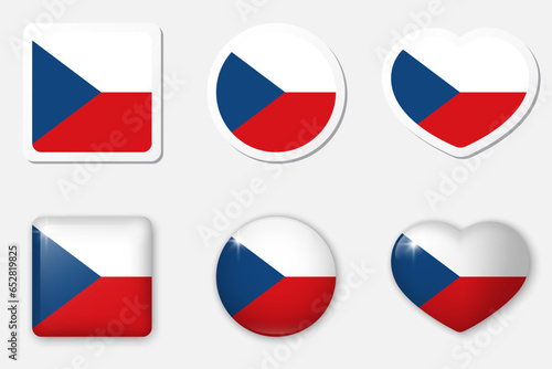 Flag of Czech Republic icons collection. Flat stickers and 3d realistic glass vector elements on white background with shadow underneath.