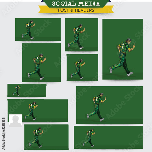 Social Media Posts And Header Design Set With Pakistan Crickter Player In Irregular Dot Effect On Green Background And Copy Space.