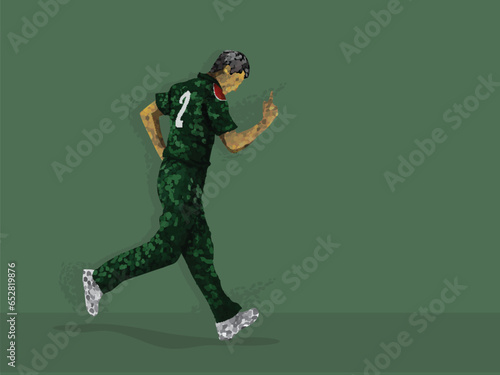 Bangladesh Cricket Player Raising Index Finger In Irregular Dots Effect And Copy Space On Green Background.