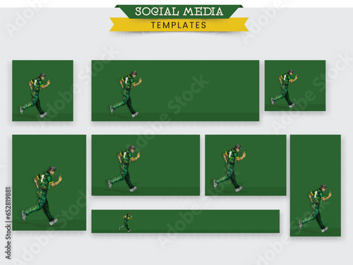 Social Media Posts And Header Design Set With Pakistan Crickter Player In Irregular Dot Effect And Copy Space.
