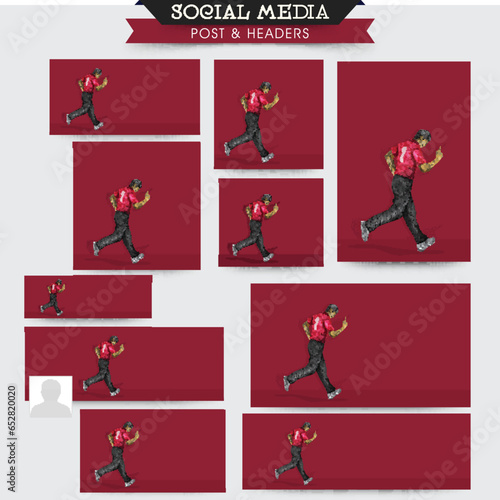 Social Media Posts And Header Set With England Cricket Player Running On Red Background And Copy Space.
