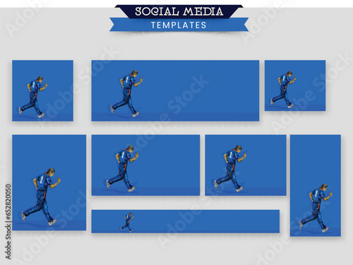 Social Media Template Or Posts And Headers Set With Irregular Dot Effect India Cricket Player And Copy Space On Blue Background.