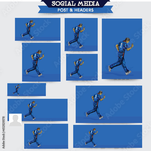 Social Media Posts And Header Design Set With Irregular Dots Effect Indian Cricket Player Running On Blue Background And Copy Space.