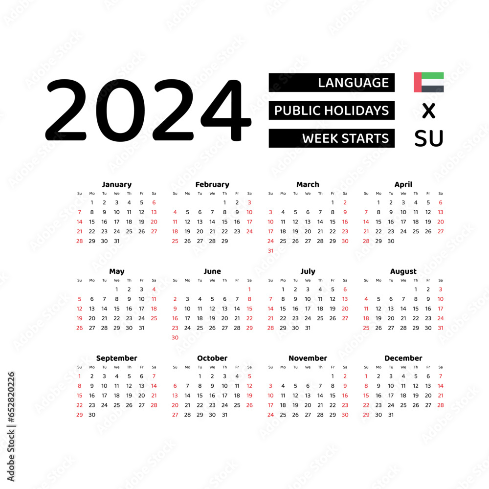 Calendar 2024 English language with United Arab Emirates public holidays. Week starts from Sunday. Graphic design vector illustration.