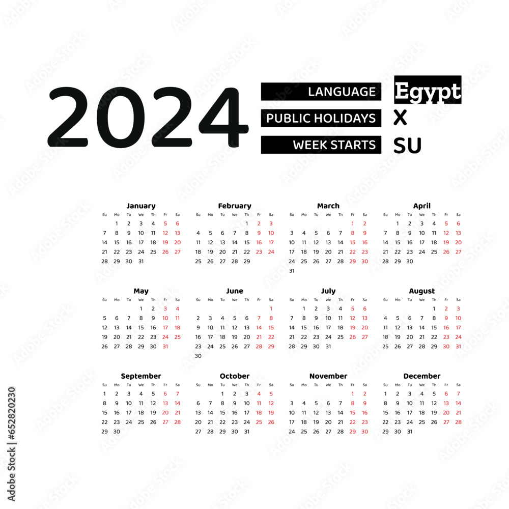 Calendar 2024 English language with Egypt public holidays. Week starts from Sunday. Graphic design vector illustration.