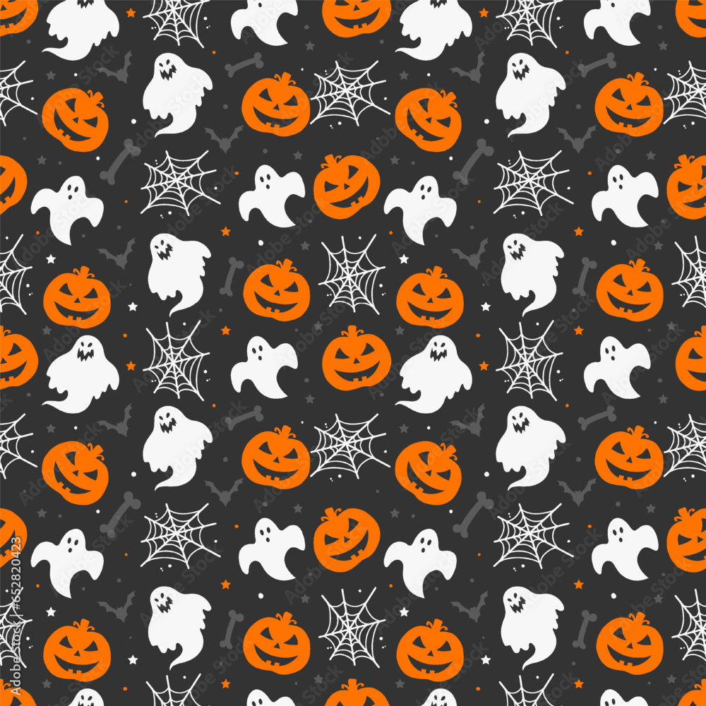 Happy halloween pattern with ghosts bones bats pumpkins and spiderwebs isolated on dark background Happy halloween pattern with ghosts bones bats pumpkins and spiderwebs isolated on dark background