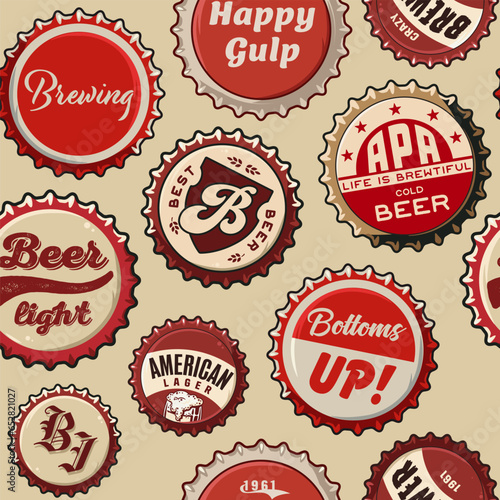 Beer cap vector seamless pattern with metal cork for decor of bar, pub or brewery shop. Vintage old retro background for brew or craft beer
