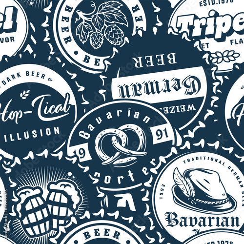 Beer cap vector monochrome seamless pattern with metal cork for decor of bar, pub or brewery shop. Vintage old retro background for brew or craft beer