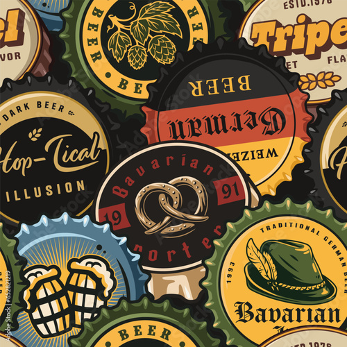 Beer cap vector seamless pattern with metal cork for decor of bar, pub or brewery shop. Vintage old retro background for brew or craft beer