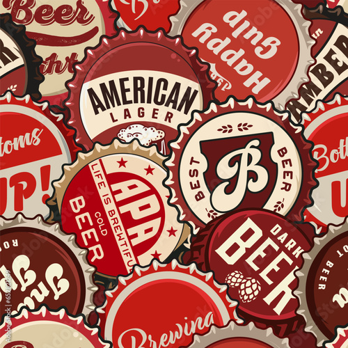 Beer cap vector seamless pattern with metal cork for decor of bar, pub or brewery shop. Vintage old retro background for brew or craft beer