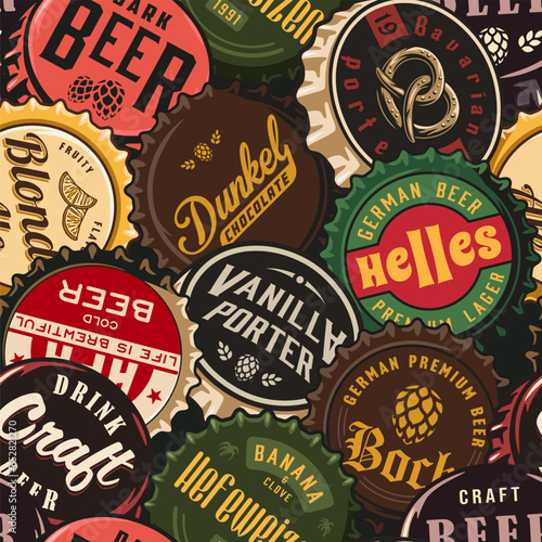 Beer cap vector seamless pattern with metal cork for decor of bar, pub or brewery shop. Vintage old retro background for brew or craft beer