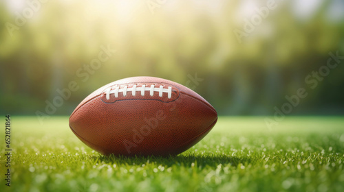 An American soccer ball lying on the grass.