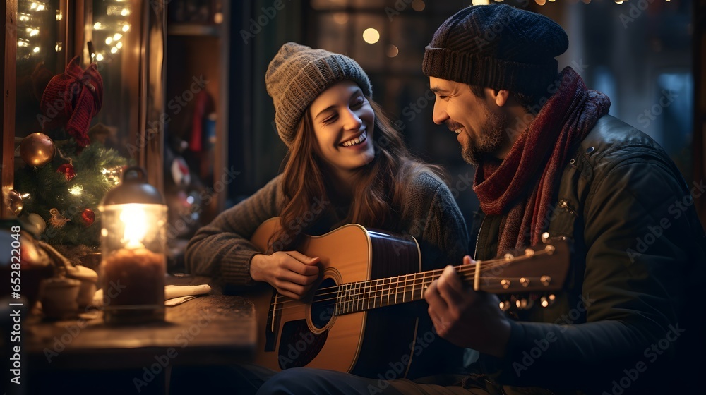 couple playing guitar in a snowy night