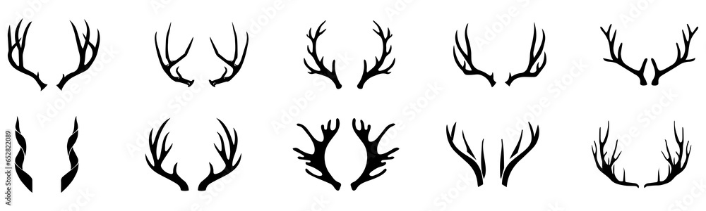 Deer horns icon set. Animal horn silhouette. Deer horn logo for wildlife, hunting. Horn shapes collection. Vector Illustration. Vector Graphic. - obrazy, fototapety, plakaty 