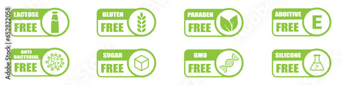 Free Gluten, Lactose, GMO, Silicone, Sugar, Paraben, Additive, Nitrates, Antibacterial and Sugar Line Green Stamp. Allergy Ingredients Label Set. Diet Vegan Food Outline Symbol. Vector Illustration.