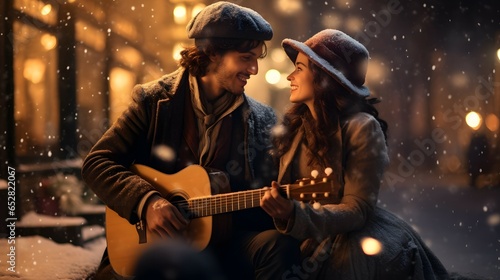 couple playing guitar in a snowy night