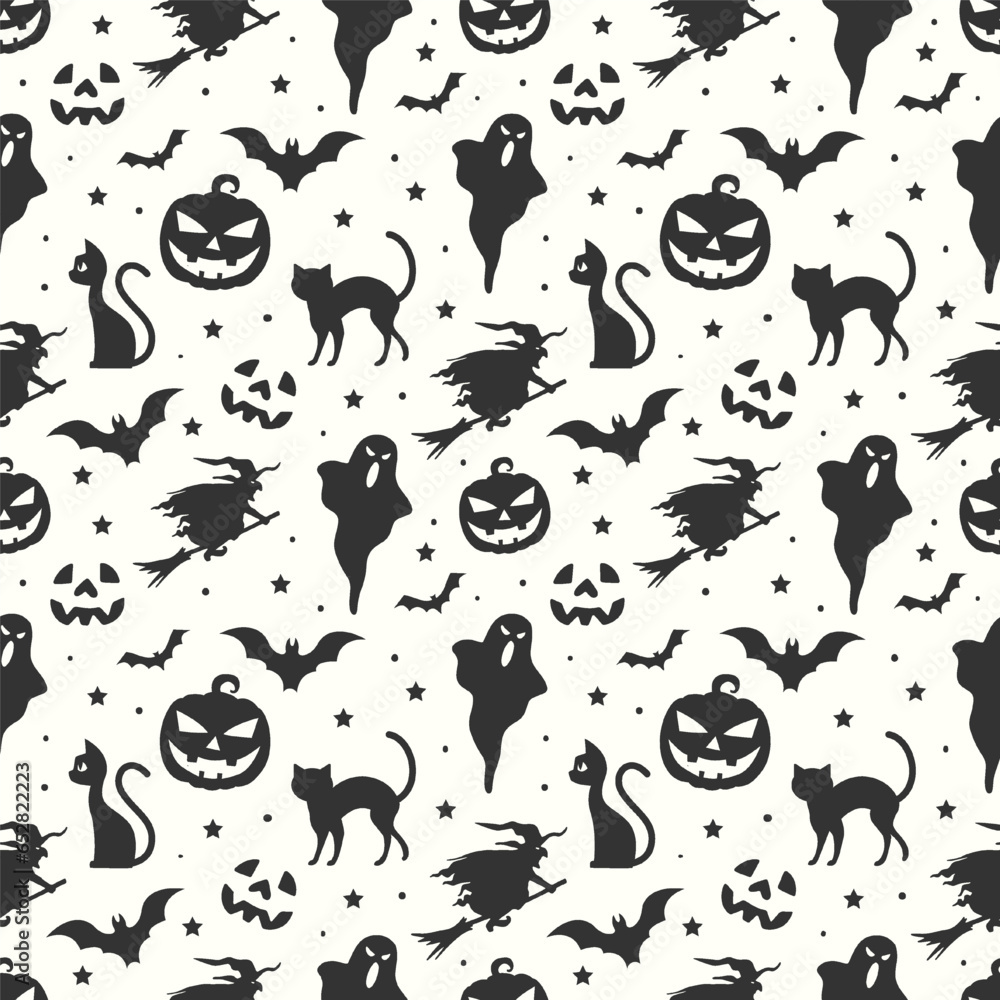 Obraz premium Halloween flat seamless pattern background with halloween elements like ghosts cats pumpkins and witch