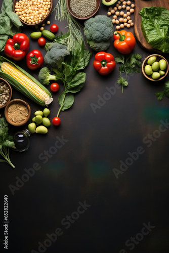 Vegan day vegitable banner, flat lay photgraph, open empty copy space